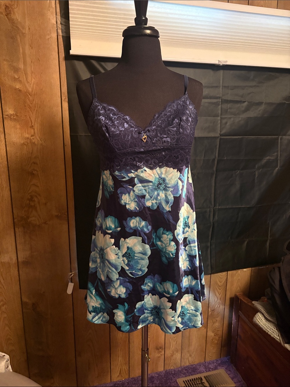 Sleeveless Navy Floral Lace Chemise Nightdress